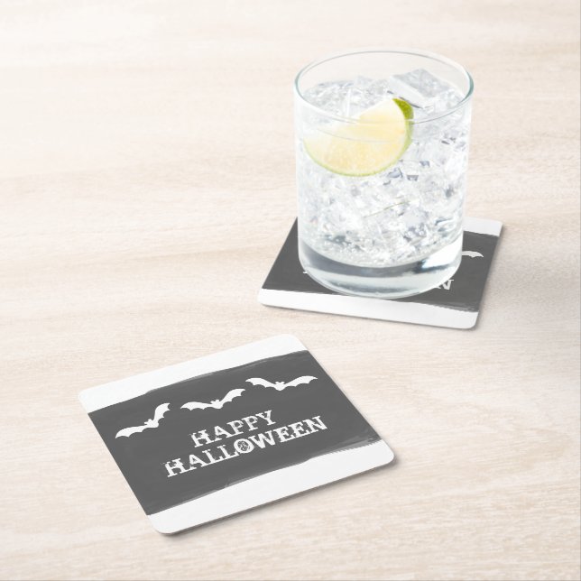 Dessous-de-verre Carré En Papier Halloween Bats d'aquarelle noir blanc (En situation)