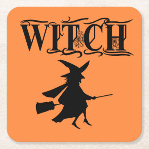 Dessous-de-verre Carré En Papier Halloween Black Wicked Flying Witch