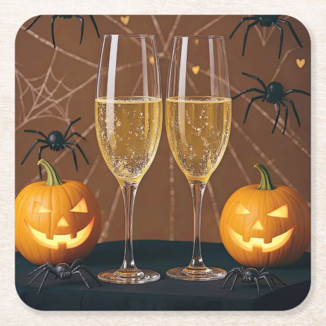 Dessous-de-verre Carré En Papier Halloween Champagne Araignées Citrouilles (Devant)
