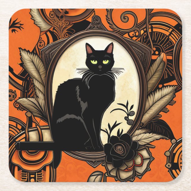 Dessous-de-verre Carré En Papier Halloween en chat noir vapeur (Devant)