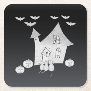 Dessous-de-verre Carré En Papier Halloween la nuit avec Haunted House, chauves-sour