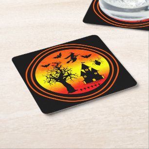 Dessous-de-verre Carré En Papier Halloween Orange Sunset sorcière Haunted House Par