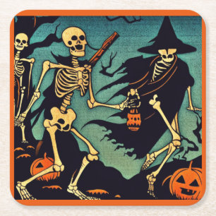 Dessous-de-verre Carré En Papier Halloween - Skeletons Woodcut 2