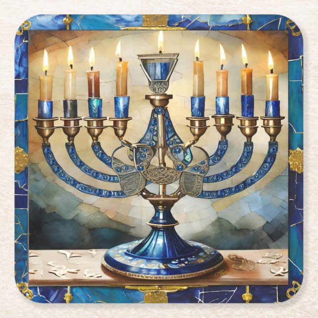 Dessous-de-verre Carré En Papier Hanoukka bleue Menorah (Devant)