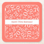 Dessous-de-verre Carré En Papier "Happy 70th Birthday" Coral/Motif numérique blanc<br><div class="desc">Ce design numérique cool a un arrière - plan corallien et blanc avec le numéro de jalon blanc 70 répété dans des tailles et angles variés en créant un nombre aléatoire motif sur le corail. Il y a une bannière au centre avec le message "Joyeux 70e anniversaire". Le motif sera...</div>