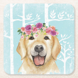 Dessous-de-verre Carré En Papier Happy Flower Animal dans Blue Forest-Dog-Retriever