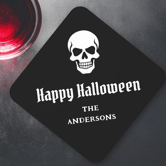 Dessous-de-verre Carré En Papier Happy Halloween éffrayant crâne nom ou texte perso (Happy Halloween spooky skull custom name or text Square Paper Coaster)