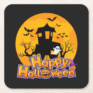 Dessous-de-verre Carré En Papier Happy Halloween Haunted House Moon