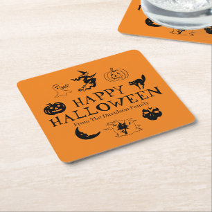 Dessous-de-verre Carré En Papier Happy Halloween nom personnalisé noir et orange 