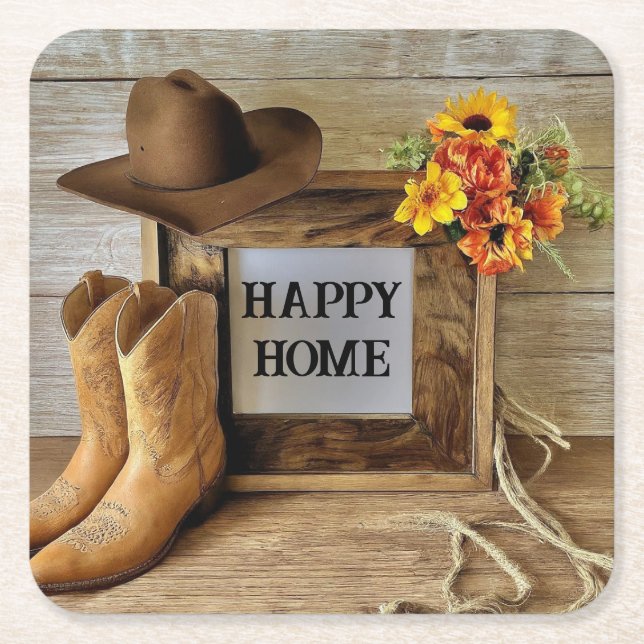 Dessous-de-verre Carré En Papier Happy Home Cowgirl Style Cowboy Avec Bottes Cowboy (Devant)
