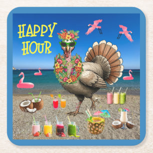 Dessous-de-verre Carré En Papier Happy Hour de la dinde tropicale pour Thanksgiving