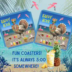 Dessous-de-verre Carré En Papier Happy Hour de la dinde tropicale pour Thanksgiving