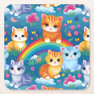 Dessous-de-verre Carré En Papier Happy Kitty Cats sur Rainbow Clouds