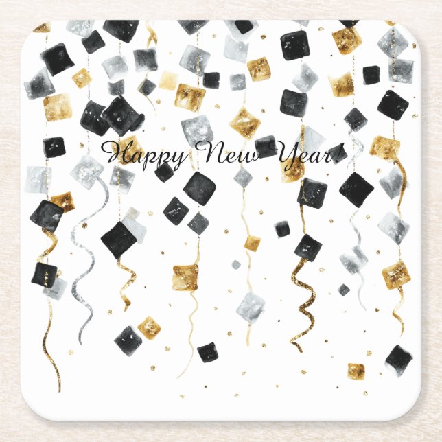 Dessous-de-verre Carré En Papier Happy New Year Gold Black Confetti (Devant)