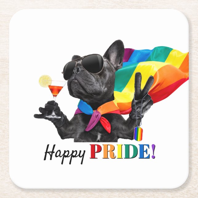 Dessous-de-verre Carré En Papier Happy Pride Party Dog in Rainbow Cape (Devant)