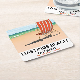 Dessous-de-verre Carré En Papier Hastings Beach, East Sussex affiche de voyage vint