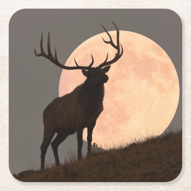 Dessous-de-verre Carré En Papier Hausse majestueuse d'élans et de Pleine lune de (Devant)