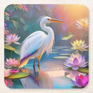 Dessous-de-verre Carré En Papier Héron blanc à bec orange, oiseau de fantaisie