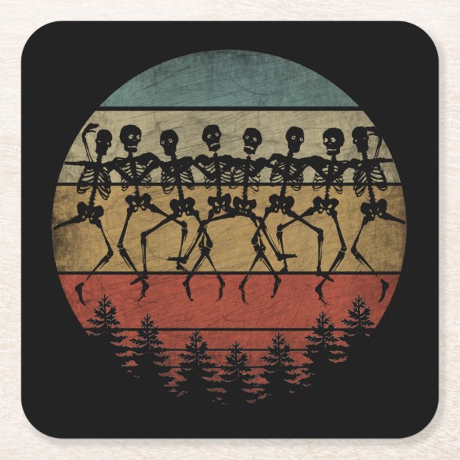 DESSOUS-DE-VERRE CARRÉ EN PAPIER HEUREUX HALLOWEEN SKELETON DANSE (Devant)