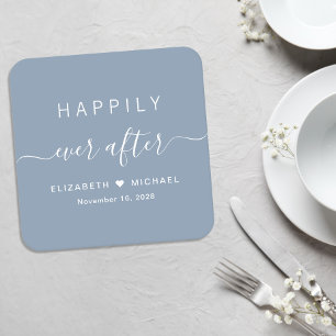 Dessous-de-verre Carré En Papier Heureux Pour Toujours Bleu Poussiéreux Mariage