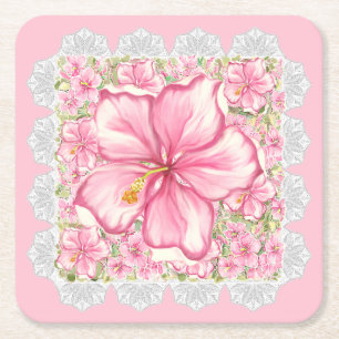 Dessous-de-verre Carré En Papier Hibiscus & dentelle PINK