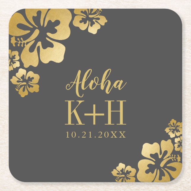 Dessous-de-verre Carré En Papier Hibiscus d'or Aloha Monogram Mariage (Devant)