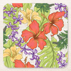Dessous-de-verre Carré En Papier Hibiscus et orchidées hawaïens tropicaux de Keleah
