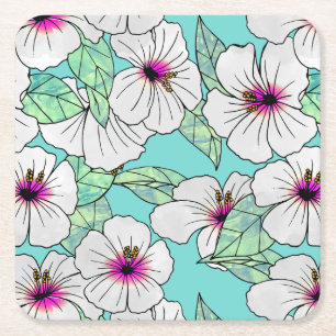 Dessous-de-verre Carré En Papier Hibiscus tropical rose et blanc Motif floral