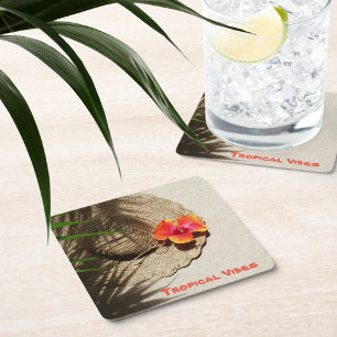Dessous-de-verre Carré En Papier Hibiscus Tropical Vibes Casquette de paille