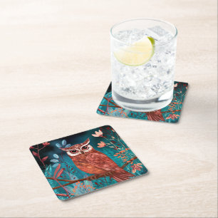 Dessous-de-verre Carré En Papier Hibou illustré à la main par l'artiste – Boho Natu
