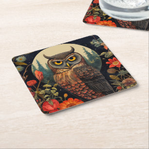 Dessous-de-verre Carré En Papier Hibou la nuit avec une pleine lune