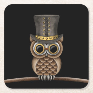 Dessous-de-verre Carré En Papier Hibou mignon de Steampunk sur une branche sur le