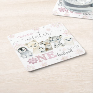Dessous-de-verre Carré En Papier Hiver Onederland Animaux Arctiques Neige 1er Anniv