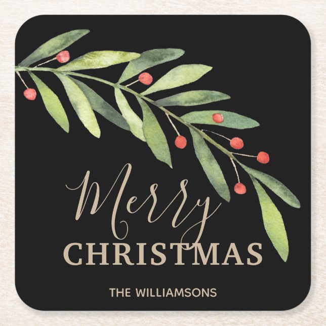 Dessous-de-verre Carré En Papier Holly et Berries sur Black Joyer Noël (Devant)