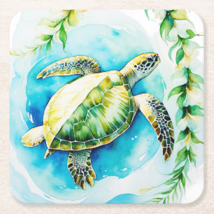 Dessous-de-verre Carré En Papier Honu hawaïen avec plumeria et aquarelle de maïs