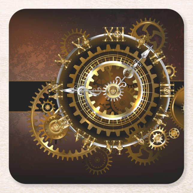 Dessous-de-verre Carré En Papier Horloge Steampunk avec des engrenages anciens (Devant)