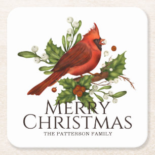 Dessous-de-verre Carré En Papier Houx de Noël Cardinal Rouge Cadeau Nom