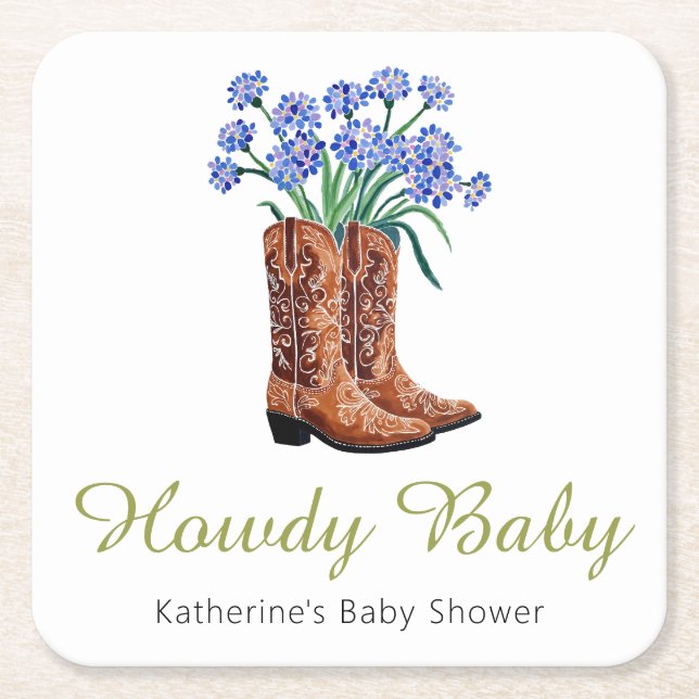 Dessous-de-verre Carré En Papier Howdy Baby Bluebonnets Baby shower Cowboy (Devant)