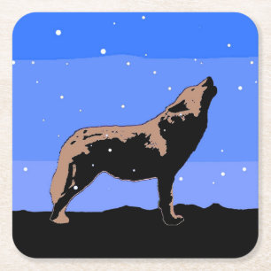 Dessous-de-verre Carré En Papier Howling Wolf en hiver - Art faunique original