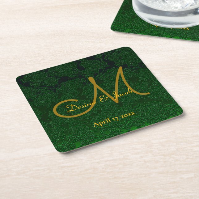 Dessous-de-verre Carré En Papier Hunter Green Gold Mariage Réception Monogramme (Incliné)