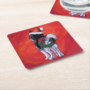 Dessous-de-verre Carré En Papier Husky à Santa Hat Sur Rouge