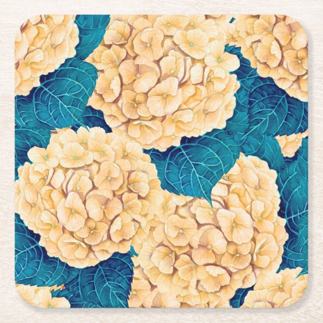 Dessous-de-verre Carré En Papier Hydrangea aquarelle motif, jaune et bleu (Devant)