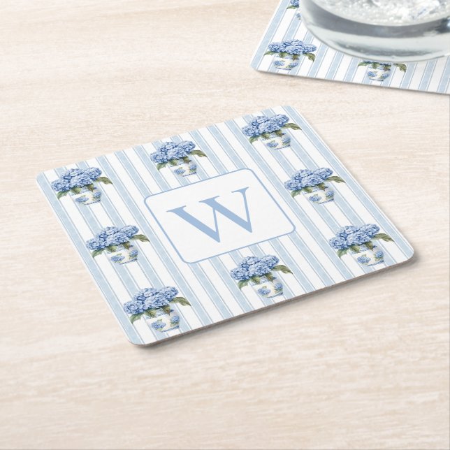 Dessous-de-verre Carré En Papier Hydrangeas Bleues et Blanches sur Monogramme à Ray (Incliné)