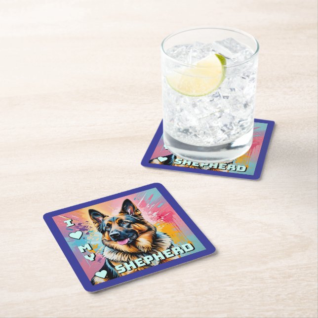 Dessous-de-verre Carré En Papier I love my German Shepherd (En situation)