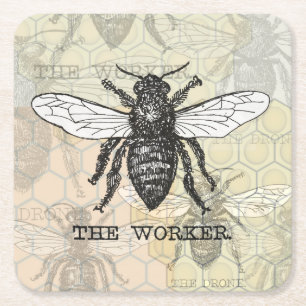 Dessous-de-verre Carré En Papier Illustration d'abeille ouvrière vintage