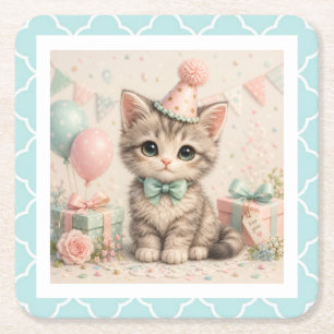 Dessous-de-verre Carré En Papier Illustration de chaton d'anniversaire pastel 
