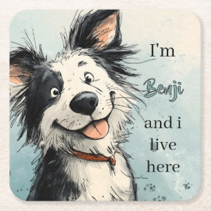Dessous-de-verre Carré En Papier Illustration de chien souriant mignon avec nom per