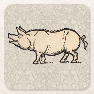 Dessous-de-verre Carré En Papier Illustration de cochon antique mignon vintage