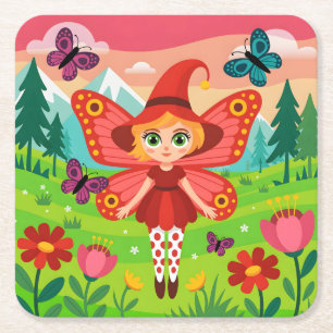 Dessous-de-verre Carré En Papier Illustration de fée papillon dans une forêt fantai