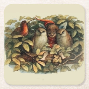 Dessous-de-verre Carré En Papier Illustration de la nature des hiboux et des fées e